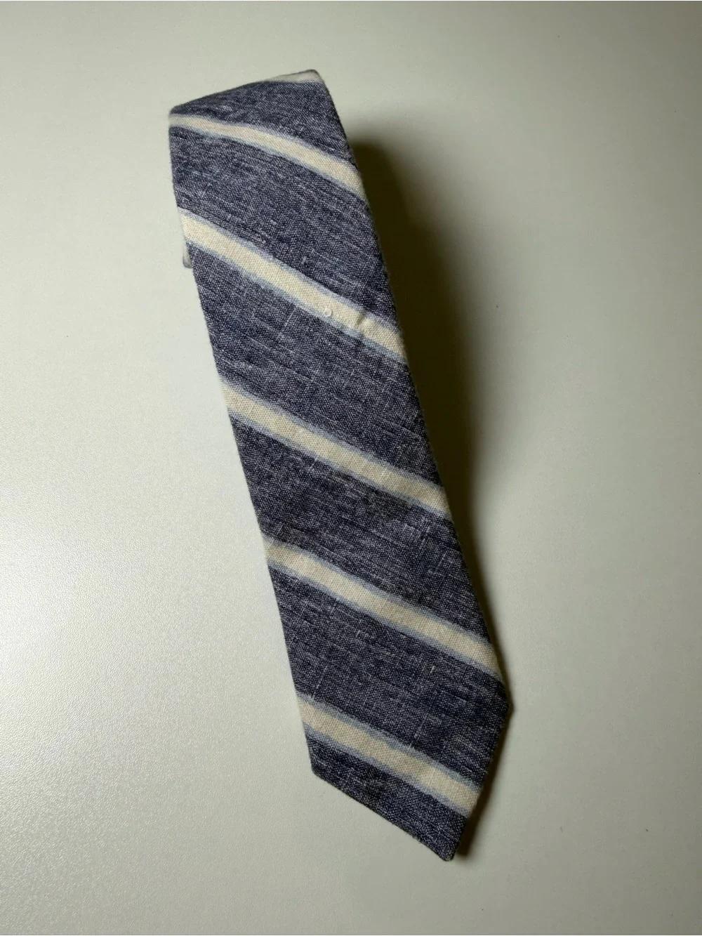 J. Crew Hand Made in USA 100% Linen Navy and White Striped Linen Slim Tie
